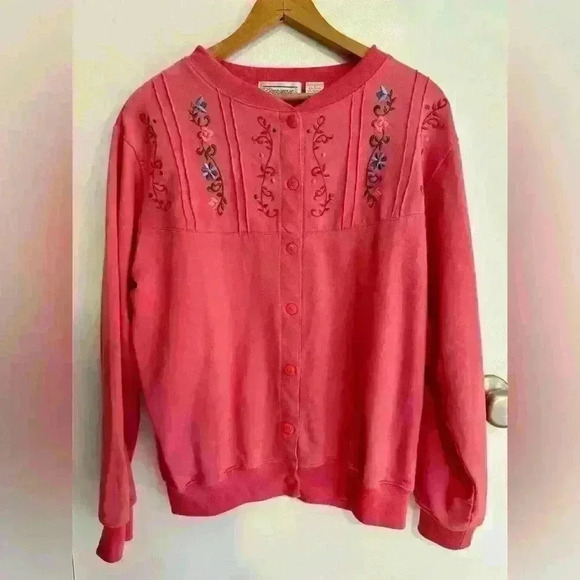 Vintage 90’s Shenanigans button up sweatshirt pink with floral embroidery sz. S - Picture 3 of 13